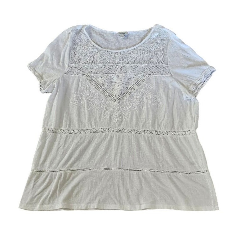 Sundance White Cotton Embroidered Lace Tiered Boho Top Women XXL Short Sleeve